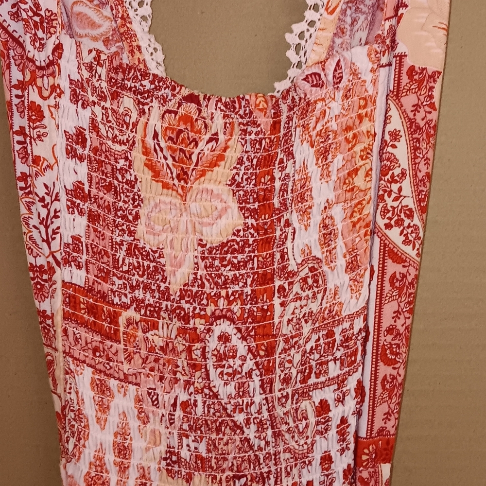 Sky & Sand Women's White Orange Red Dress Belted Large V Neck Stretch - Picture 9 of 11